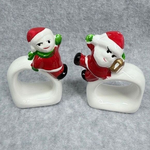 Vintage Santa Claus and Elves Ceramic Napkin Rings Set of 4 Christmas Dinnerware - Picture 4 of 6
